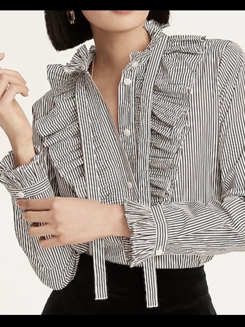 NWT J.Crew Women’s Striped Ruffle-Trim Cotton Poplin Blouse Charcoal Gray stripe